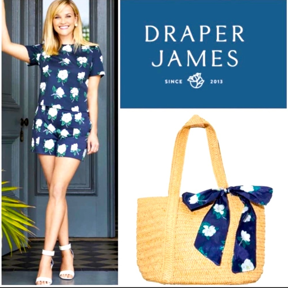 New with Tags Draper James Raffia Tote with Floral Scarf Snap closure